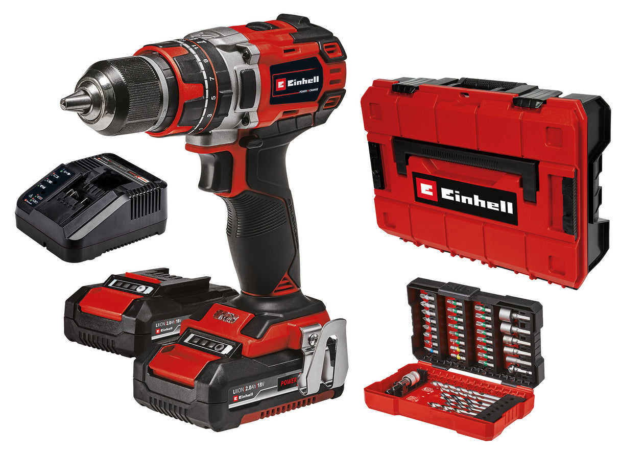 Einhell Professional TP-CD 18/50 Li-i BL+ 39 akkus ütvefúró, 2x2.0 Ah Power X-Change, Li-ion, 18 V, 50 Nm, 28.800 fordulat/perc, 2x2.0 Ah akkumulátorral, töltővel, táskával, 39 részes bitkészlettel együtt