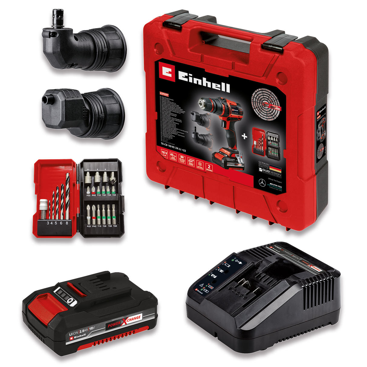 Einhell TE-CD 18/45 3X-Li +22 1x2.0 Ah PXC akkus fúró-csavarozó, levehető fúrótokmány, szögmérő tartozék, excenter tartozék, 22 részes bitkészlet, 2.0 Ah akkumulátor, töltő + elektronikai doboz