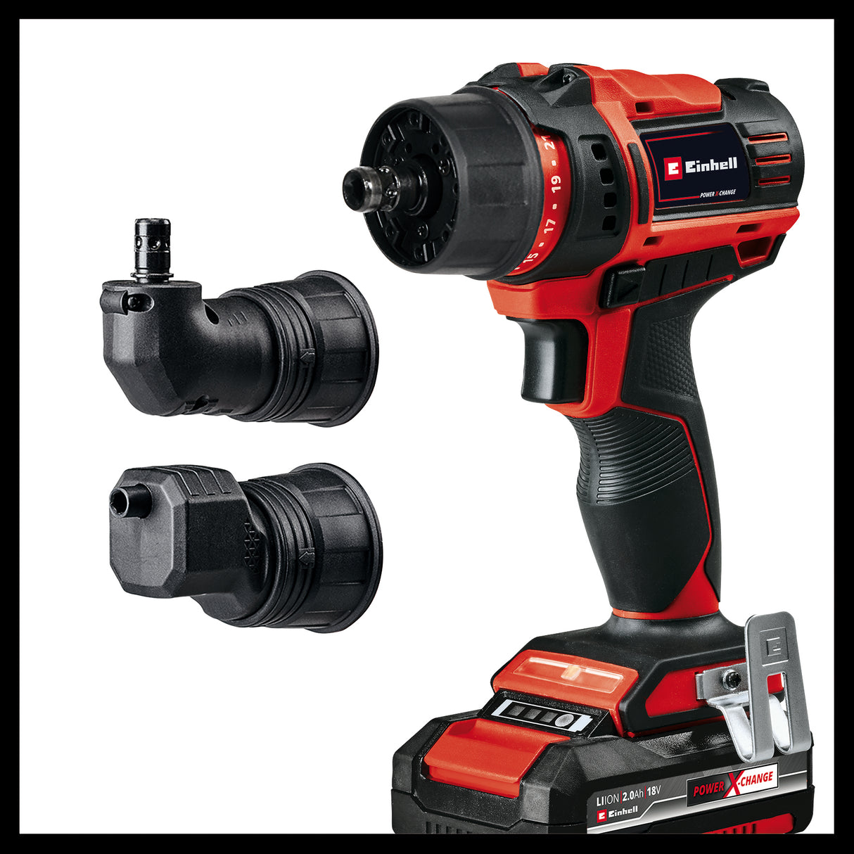Einhell TE-CD 18/45 3X-Li +22 1x2.0 Ah PXC akkus fúró-csavarozó, levehető fúrótokmány, szögmérő tartozék, excenter tartozék, 22 részes bitkészlet, 2.0 Ah akkumulátor, töltő + elektronikai doboz