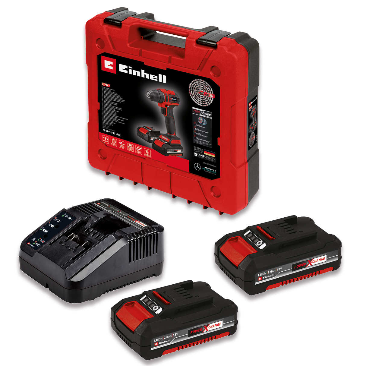 Einhell akkus fúró-csavarozó TE-CD 18/40 Li BL (2x2.0 Ah Power X-Change, Li-ion, 18 V, 40 Nm, szénkefe nélküli motor, 2 sebességes hajtómű, elektronikus fordulatszám-szabályozás, 2x 2.0 Ah akkumulátorral és gyorstöltővel