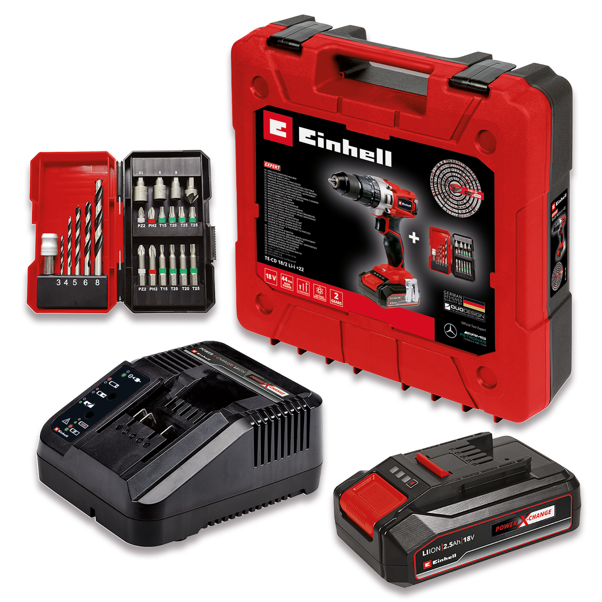 Einhell akkus ütvefúró-csavarozó TE-CD 18/2 Li-i +22, 1 x 2,5 Ah Power X-Change Li-ion, 18 V, 44 Nm, 2 sebességes hajtómű, 2,5 Ah-s akkumulátorral, gyorstöltővel, 22 részes bitkészlettel és táskával