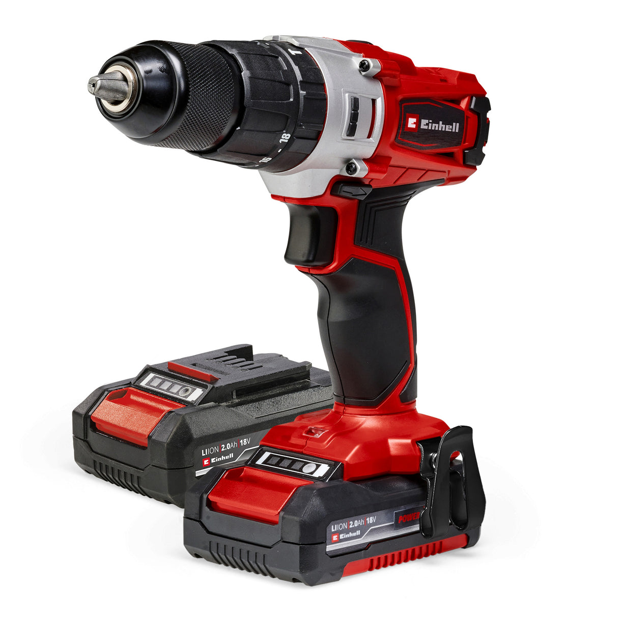 Einhell akkus ütvefúró-csavarozó TE-CD 18/2 Li-i +64, 2x2.0 Ah Power X-Change, Li-ion, 18 V, 44 Nm, 2 sebességes hajtómű, 2.0 Ah akkumulátorral, gyorstöltővel és 64 darabos tartozékkészlettel