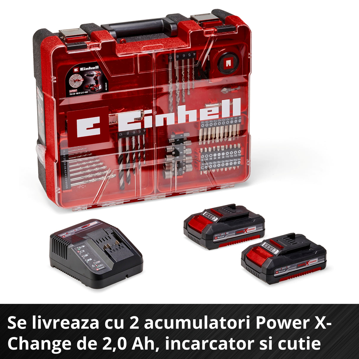 Einhell akkus ütvefúró-csavarozó TE-CD 18/2 Li-i +64, 2x2.0 Ah Power X-Change, Li-ion, 18 V, 44 Nm, 2 sebességes hajtómű, 2.0 Ah akkumulátorral, gyorstöltővel és 64 darabos tartozékkészlettel