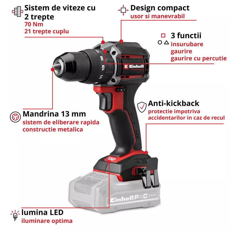 Masina de gaurit cu percutie pe acumulator Einhell Professional TP-CD 18/70-C Li-i BL - Solo Power X-Change,18 V, brushless, 70 Nm, anti-kickback, mandrina 13 mm, 2 viteze, fara baterie - imagine 3