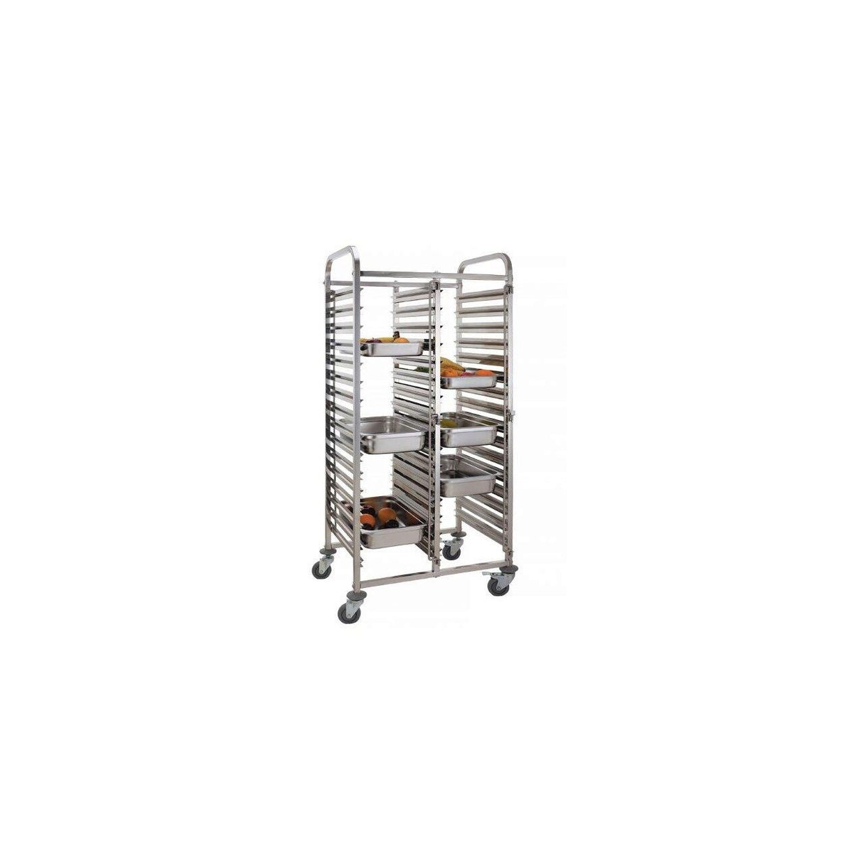 Carucior pentru debarasare tavi, cu roti, capacitate dubla 2 x 15 tavi GN 1/1 (530x325 mm), Hendi, compact, din inox, 798x610x(H)1710mm