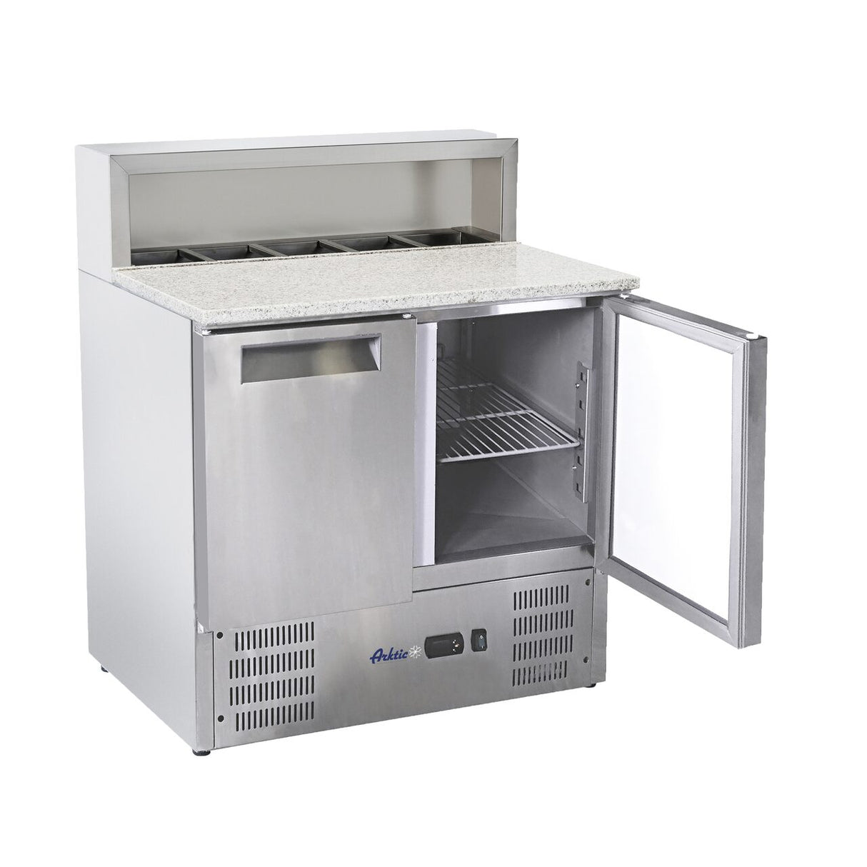 Masa rece cu 2 usi cu suprastructura si blat de lucru din granit, Arktic 900x700x(H)1070 mm