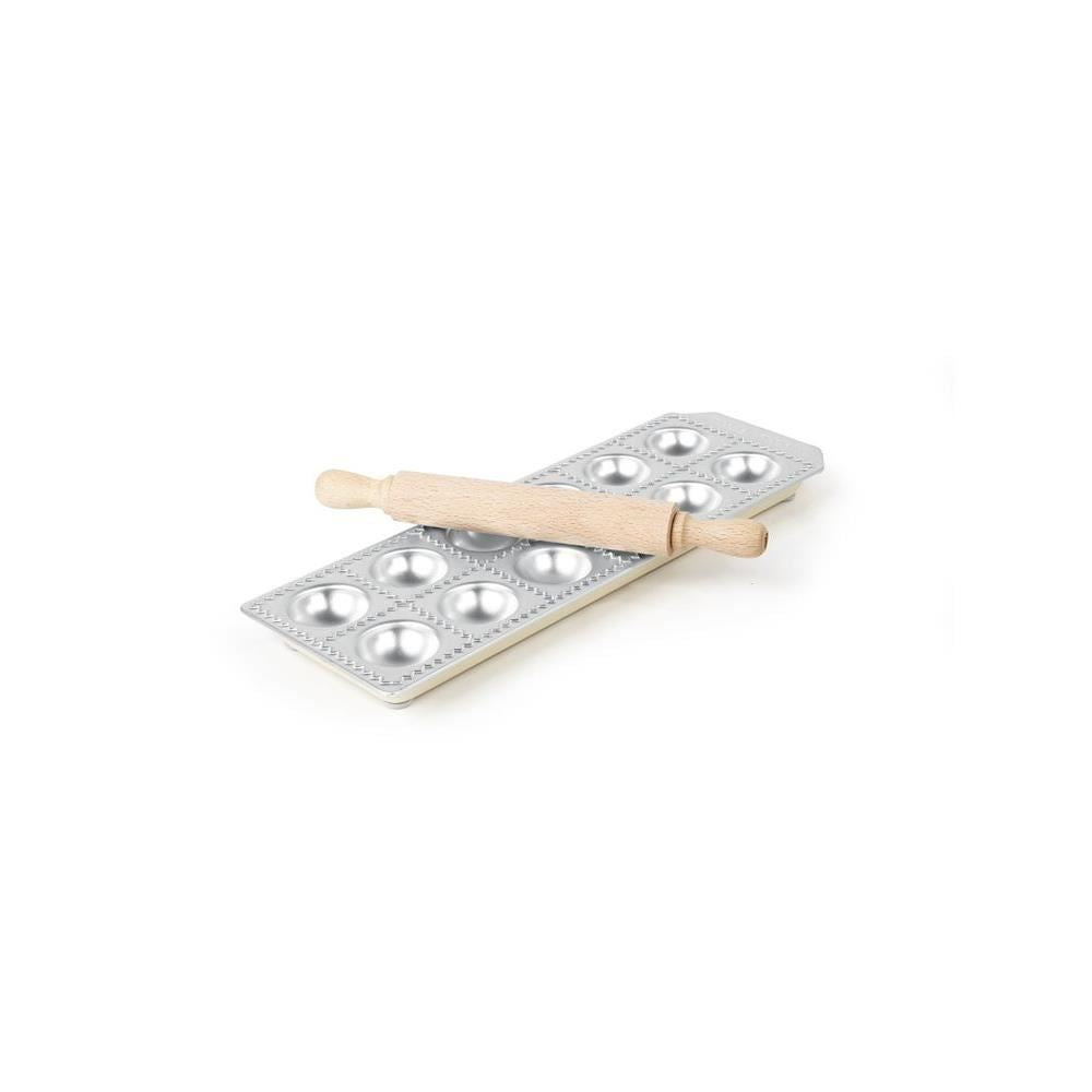 Forma ravioli, aluminiu, 12 forme, picioare antialunecare din cauciuc, sucitor din lemn inclus, diametru 39 mm Hendi, 114x335x22 mm