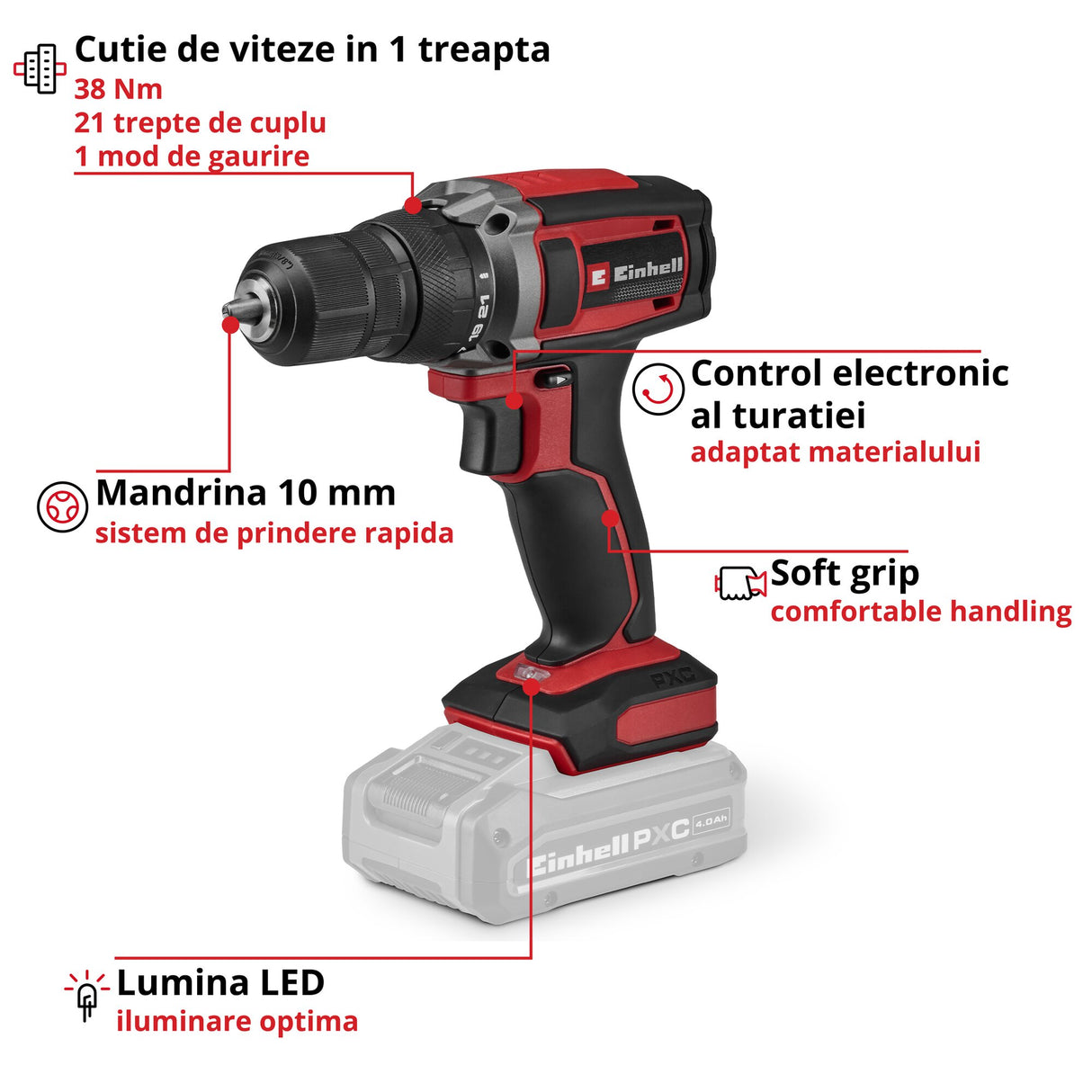 Masina de gaurit cu acumulator Einhell TC-CD 18/38 Li - Solo Power X-Change, 18 V, 38 Nm, mandrina de 10 mm, 21+1 setari de cuplu, lumina LED, fara baterie - imagine 3