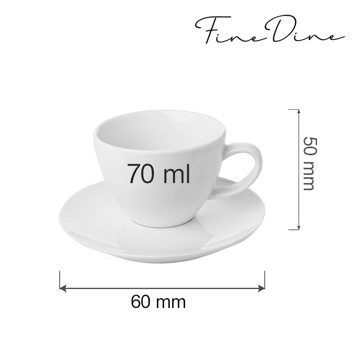 Ceasca eleganta cu farfurie Fine Dine, Bianco, Alb, portelan vitrificat, rezistenta la temeperaturi de pana la 180 C, 70 ml