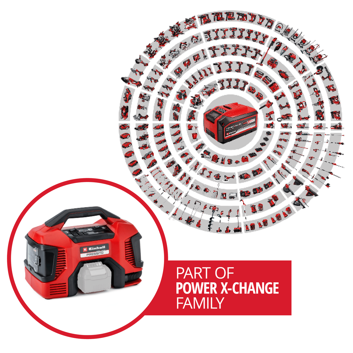 Compresor pe acumulator Einhell PRESSITO Power X - Change, 18 V, max. 11 bar, lungime furtun 31 cm, inclusiv set adaptor 3 piese, fara acumulator Einhell - scule electrice si unelte profesionale - BricoMart