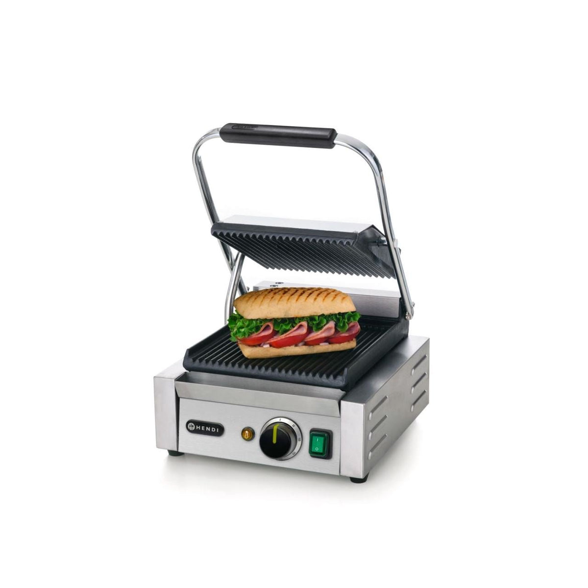 Contact grill, suprafete striate din fonta cu invelis ceramic, 1800 W, corp inox, Hendi, potrvit si pentru uz profesional
