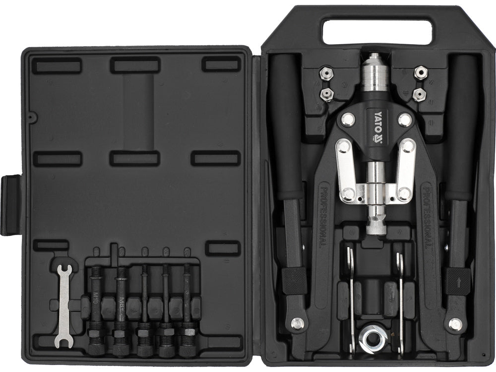 PROFESSZIONÁLIS 2 AZ 1-BEN SZEGECSPRÉS YATO YT-36088, szegecsek: 3,2, 4, 4,8, 6, 6,4 mm, szegecsanyák: M4, M5, M6, M8, M10
