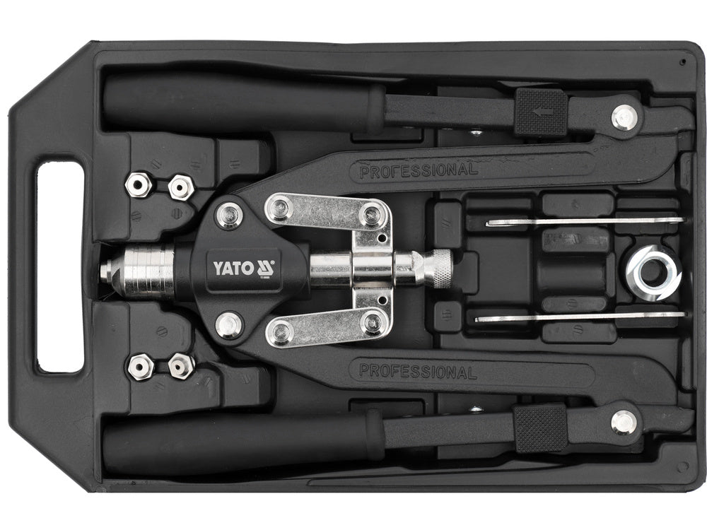 PROFESSZIONÁLIS 2 AZ 1-BEN SZEGECSPRÉS YATO YT-36088, szegecsek: 3,2, 4, 4,8, 6, 6,4 mm, szegecsanyák: M4, M5, M6, M8, M10