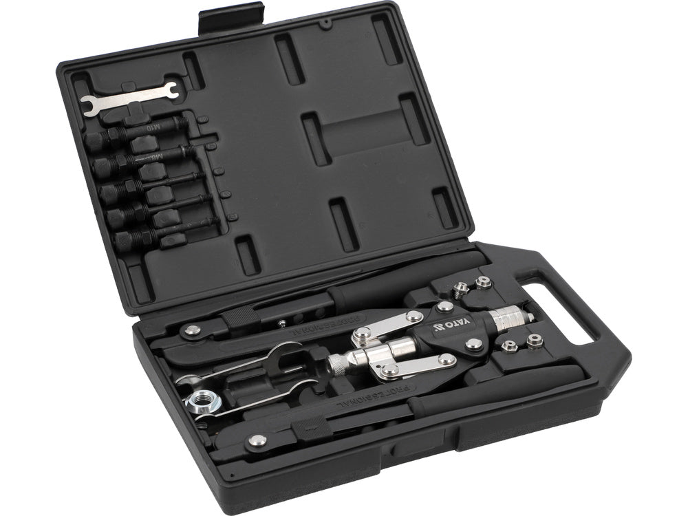 PROFESSZIONÁLIS 2 AZ 1-BEN SZEGECSPRÉS YATO YT-36088, szegecsek: 3,2, 4, 4,8, 6, 6,4 mm, szegecsanyák: M4, M5, M6, M8, M10