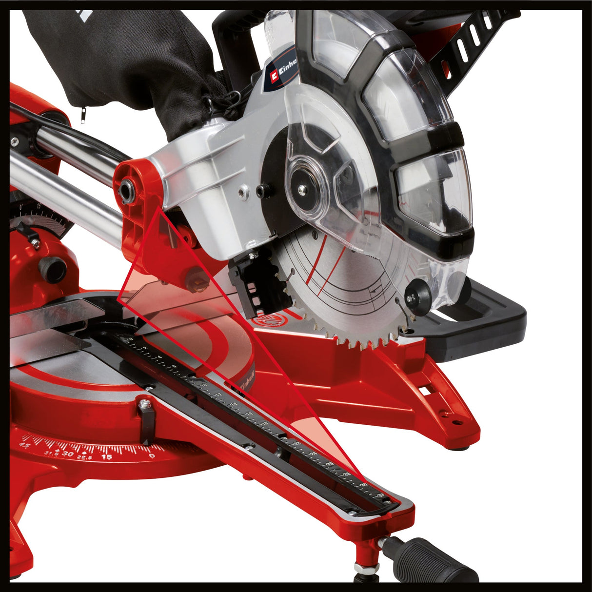 Fierastrau cu dubla tractiune, pentru taiere transversala si in unghi Einhell TC - SM 2131/2, max. 1.800 W, 4.900 rpm, functie de tractiune integrata, opritor piesa de lucru, dispozitiv de prindere, lama de Fierastrau cu varf de carbura, laser Einhell - scule electrice si unelte profesionale - BricoMart