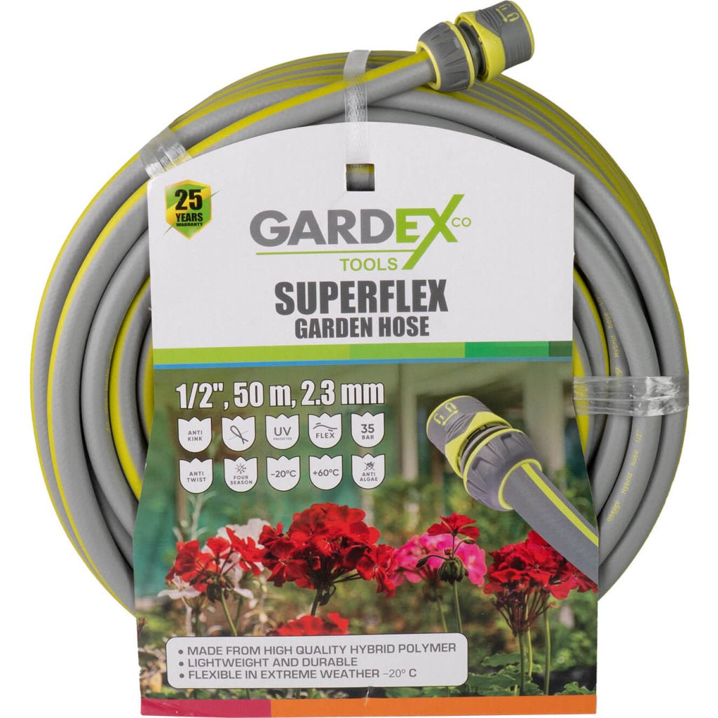 GARDEX Furtun de gradina SUPERFLEX 1/2", 50m, 2.3mm GX Fabricate din polimer hibrid rezistent la temperaturi de - 20 °C la +60 °C Rezistent la o presiune maximă de 35 de bari F Gardex - scule electrice si unelte profesionale - BricoMart