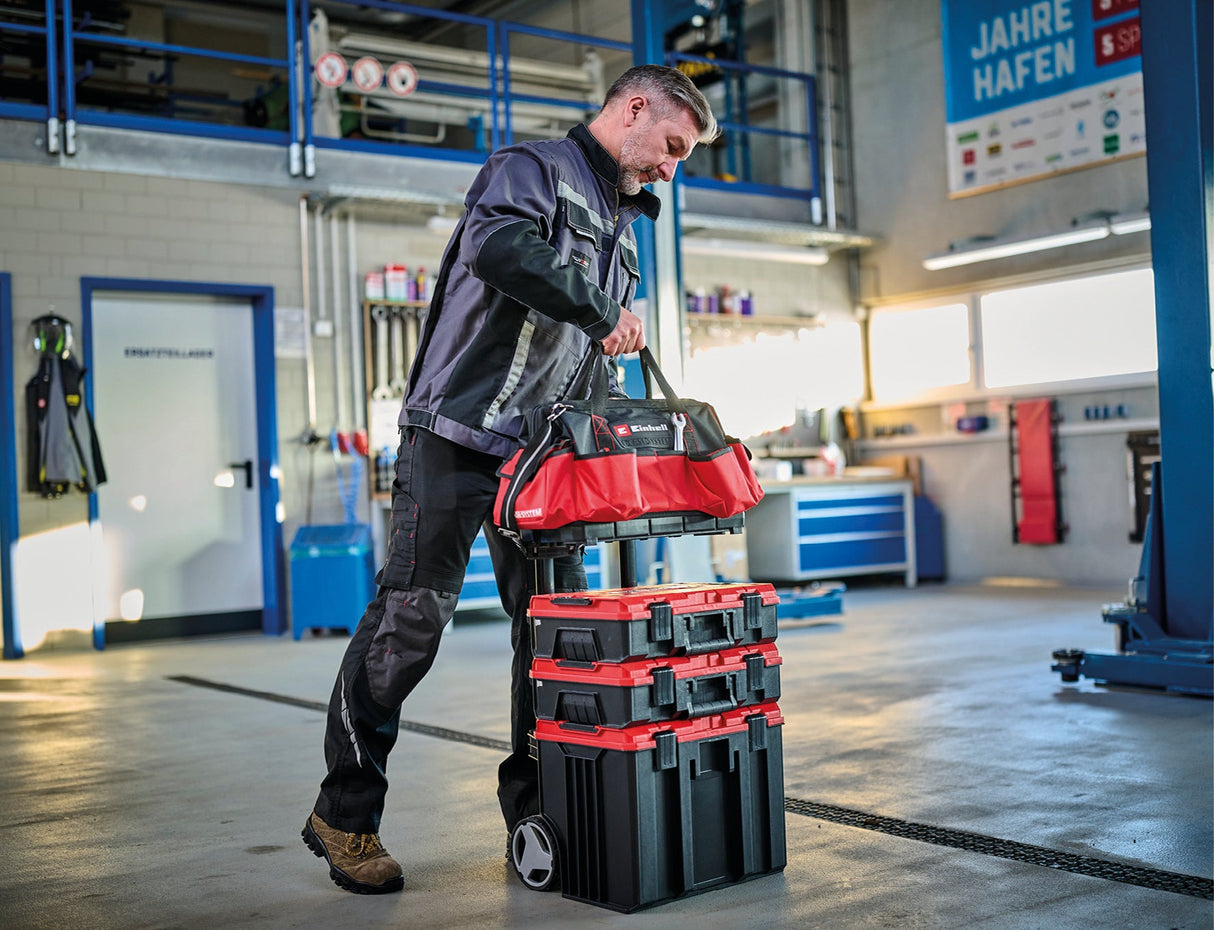 Geanta originala Einhell E - Case, maxim 30 kg, stivuibila, cu inchidere, poate fi combinata cu sistemul Einhell E - Case, depozitare si transport scule si accesorii Einhell - scule electrice si unelte profesionale - BricoMart