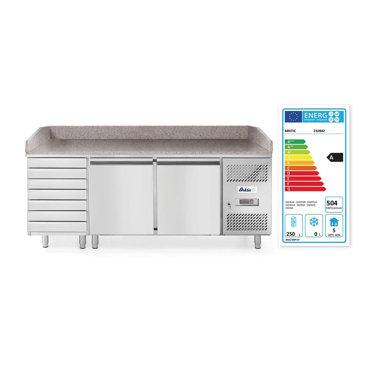 Masa pizza profesionala, cu 2 usi 7 sertare 280 L inox, ARKTIC by Hendi interval temperatura -2/+8 gr C 250 W 2020x800x(H)875 mm