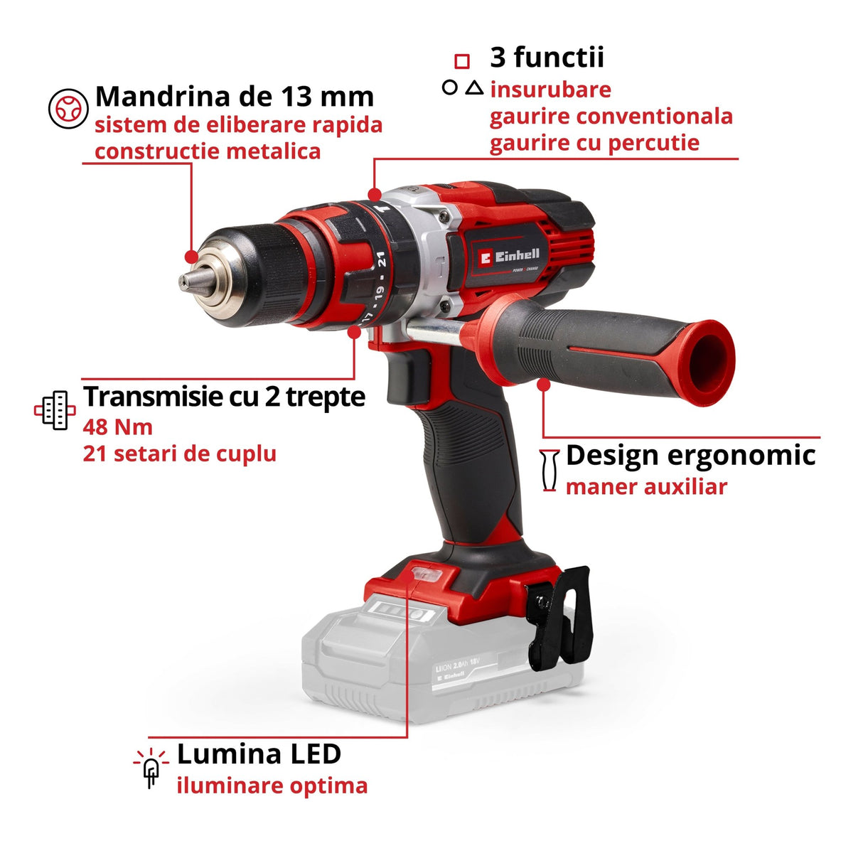 Masina de gaurit cu impact fara fir Einhell TE - CD 18/48 Li - i - Solo BricoMart - scule electrice si unelte profesionale - BricoMart