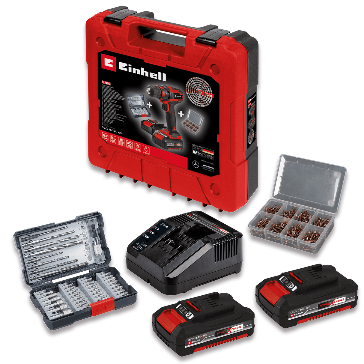 Masina de gaurit si insurubat (bormasina) pe acumulator Einhell TC - CD 18/35 Li Kit Power X - Change, 18 V, control electronic al vitezei, lumina LED, maner moale, incl. 2x acumulatori 2.0 Ah, incarcator, set de accesorii, geanta Einhell - scule electrice si unelte profesionale - BricoMart