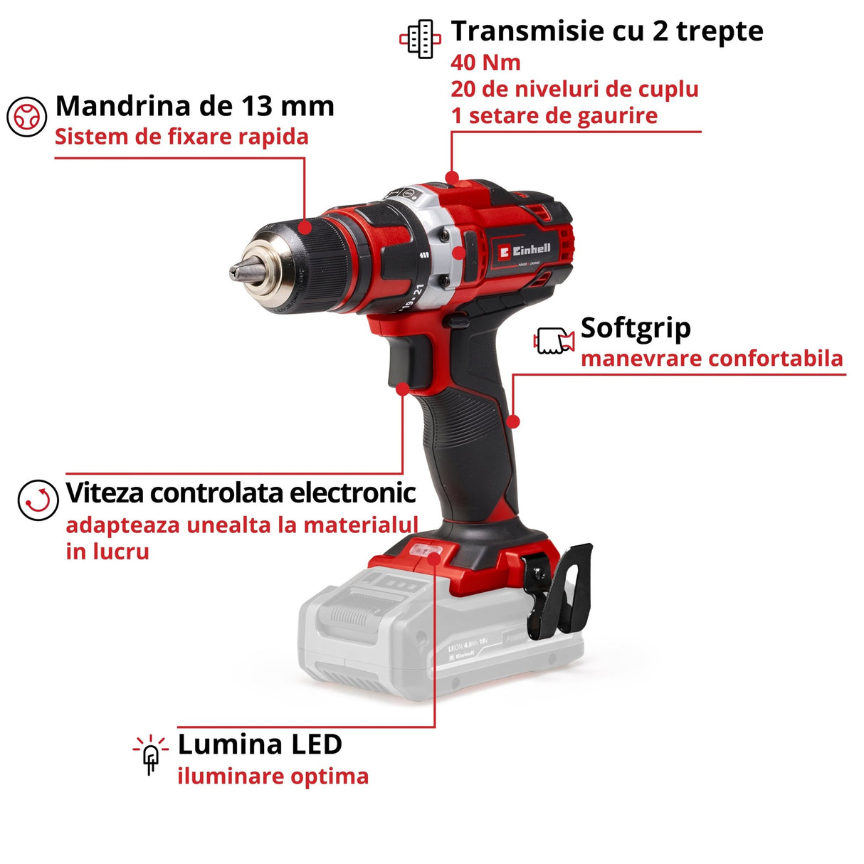 Masina de gaurit si insurubat (bormasina) pe acumulator Einhell TE - CD 18/40 Li - Solo Power X - Change, itiu - ion, 18 V, cuplu maxim 40 Nm in 21 de trepte, angrenaj cu 2 trepte pentru gaurire si insurubare, viteza electronica Einhell - scule electrice si unelte profesionale - BricoMart