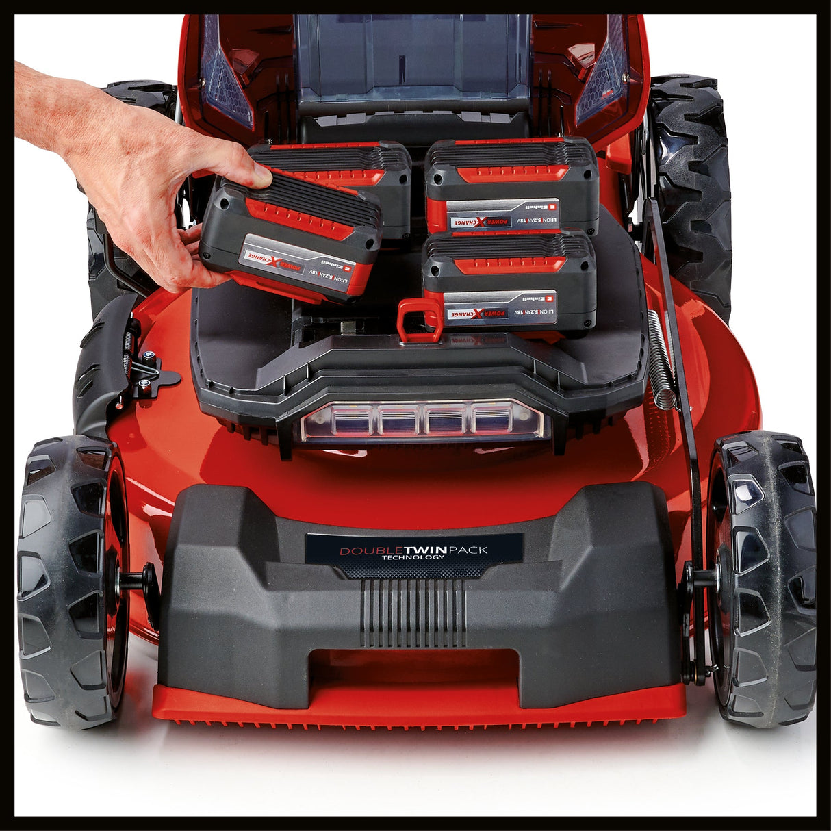 Masina de tuns iarba/gazon pe acumulator Einhell GP - CM 36/52 S Li BL Kit Power X - Change (36 V, latime de taiere 52 cm, pana la 1200 m², motor fara perii, colector de iarba de 65 L, tractiune integrala, incl. 4x baterii de 5,2 Ah + 2x incarcator dublu Einhell - scule electrice si unelte profesionale - BricoMart