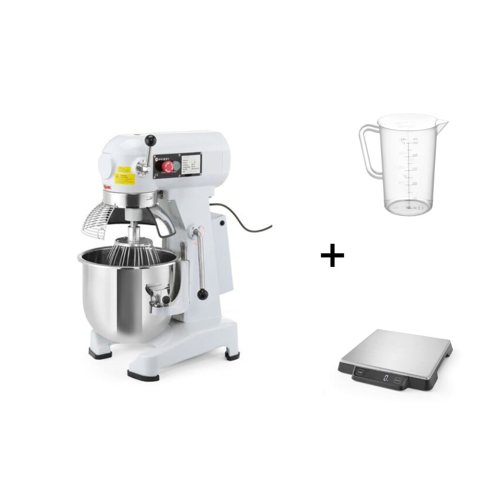 Pachet Mixer planetar spirala cu vas detasabil 3 viteze echipat cu roti pivotante vas, capac si spirala din inox 18/10 HENDI Smart, 20 litri 750 W si accesorii