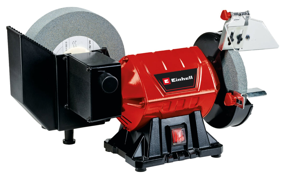 Polizor umed - uscat Einhell TC - WD 200/150, 250 W, pentru slefuire umeda si uscata, constructie metalica compacta, fereastra de protectie impotriva scanteilor, incl. discuri de slefuire grosiera si umeda Einhell - scule electrice si unelte profesionale - BricoMart