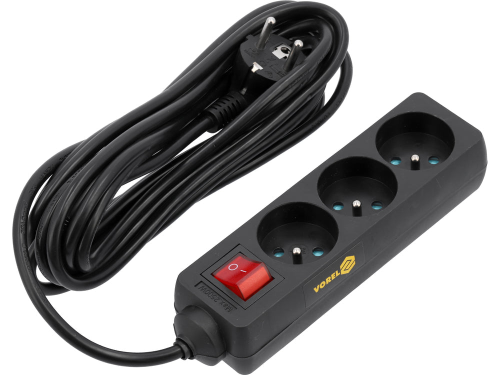 PRELUNGITOR CU INTRERUPATOR, 3 PRIZE CU IMPAMANTARE, 5M Vorel 72627 - Prelungitoare cu intrerupator, 2,5 m Vorel - scule electrice si unelte profesionale - BricoMart