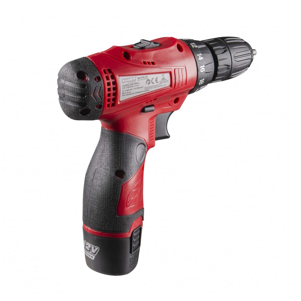 RAIDER Bormasina cu acumulator 12 V 2x1.5Ah 2 viteze 24Nm RD - CDL35 Mandrină rapidă Cutie de viteze mecanică cu două trepte Design funcțional Trepte de control a cuplului - 18+1 Raider - scule electrice si unelte profesionale - BricoMart