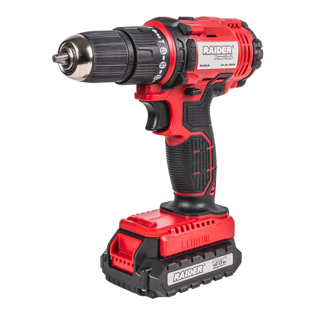 RAIDER Bormasina cu percutie 18V 2 - ск. 2x2Ah 30Nm 10mm RD - CDL38 Tensiune: 18V care oferă suficientă putere pentru a face față diferitelor sarcini Cuplu: Cuplul maxim de 30 Nm permite g Raider - scule electrice si unelte profesionale - BricoMart