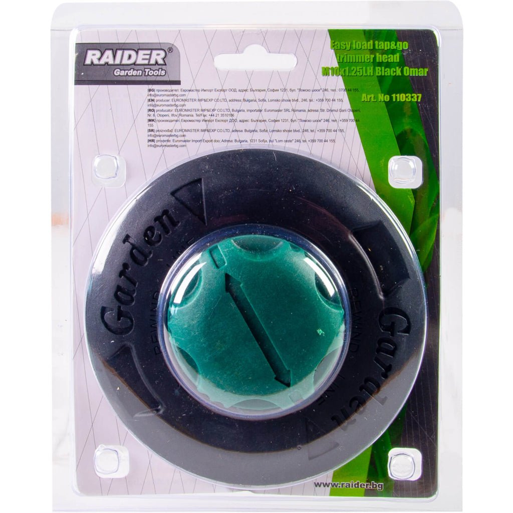 RAIDER Cap de motocoasa cu incarcare usoara , M10x1.25LH, negru, Om Fabricat din poliamidă Diametrul cablului: 2,4 mm Rezistență la uzură și sarcini termice mari Lăstarii mai groși și buru Raider - scule electrice si unelte profesionale - BricoMart