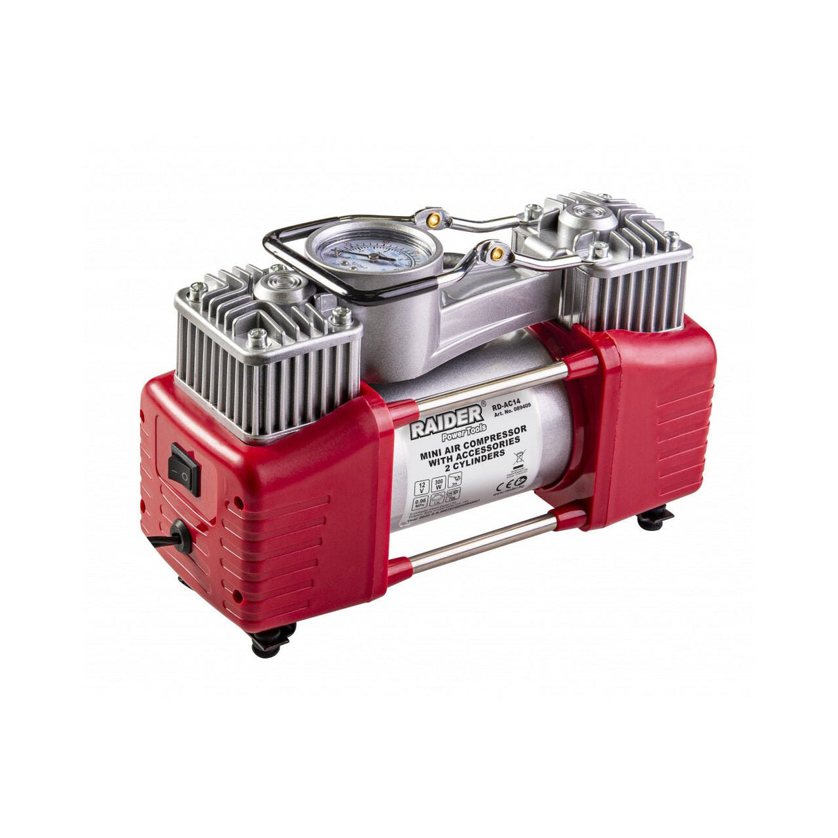 RAIDER Compresor 12Vx300W 70L/min RD - AC14 Cu 3 adaptoare pentru diverse accesorii gonflabile Compresor metalic cu doi cilindri si cu cel mai mare debit din clasa Raider - scule electrice si unelte profesionale - BricoMart