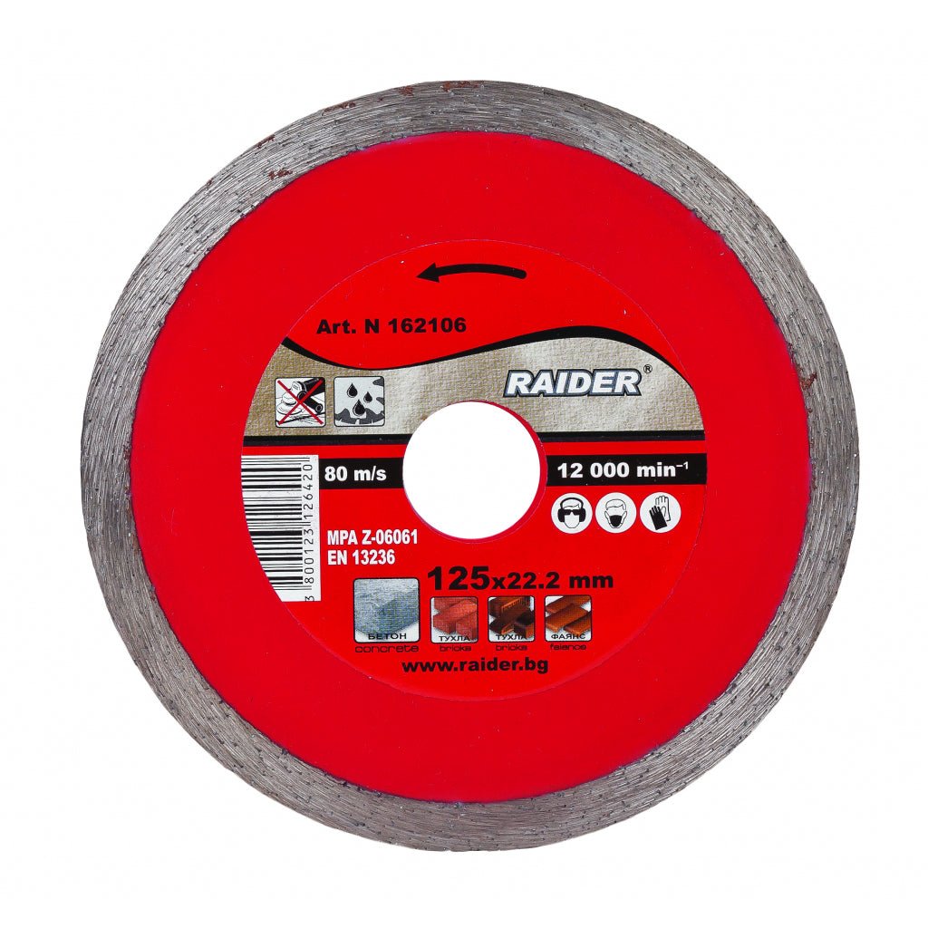 RAIDER Disc diamantat continuu WET 125x22.2mm RD - DD10 Disc pentru taieri umede Potrivit pentru beton , placi ceramice si caramizi Robust si rezistent la uzura Viteza periferi Raider - scule electrice si unelte profesionale - BricoMart
