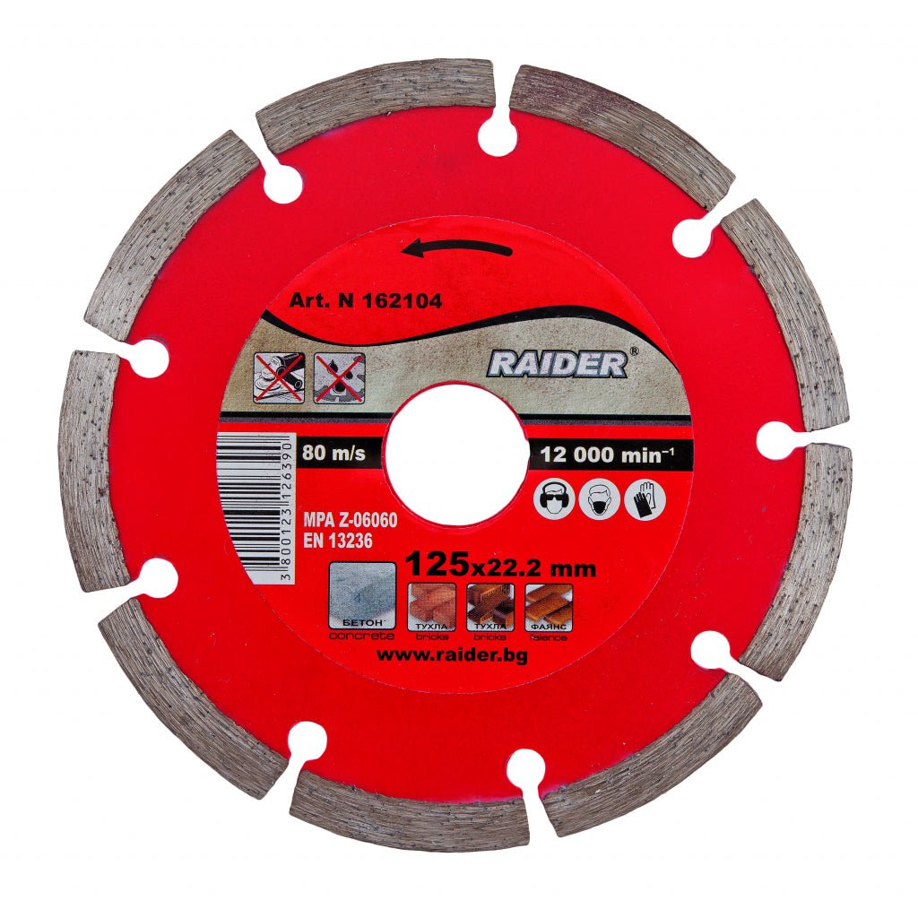 RAIDER Disc diamantat segmentat DRY 125x22.2mm RD - DD02 Disc pentru taiere uscata Robust si rezistent la uzura Potrivit pentru beton , placi ceramice si caramizi Viteza perifer Raider - scule electrice si unelte profesionale - BricoMart