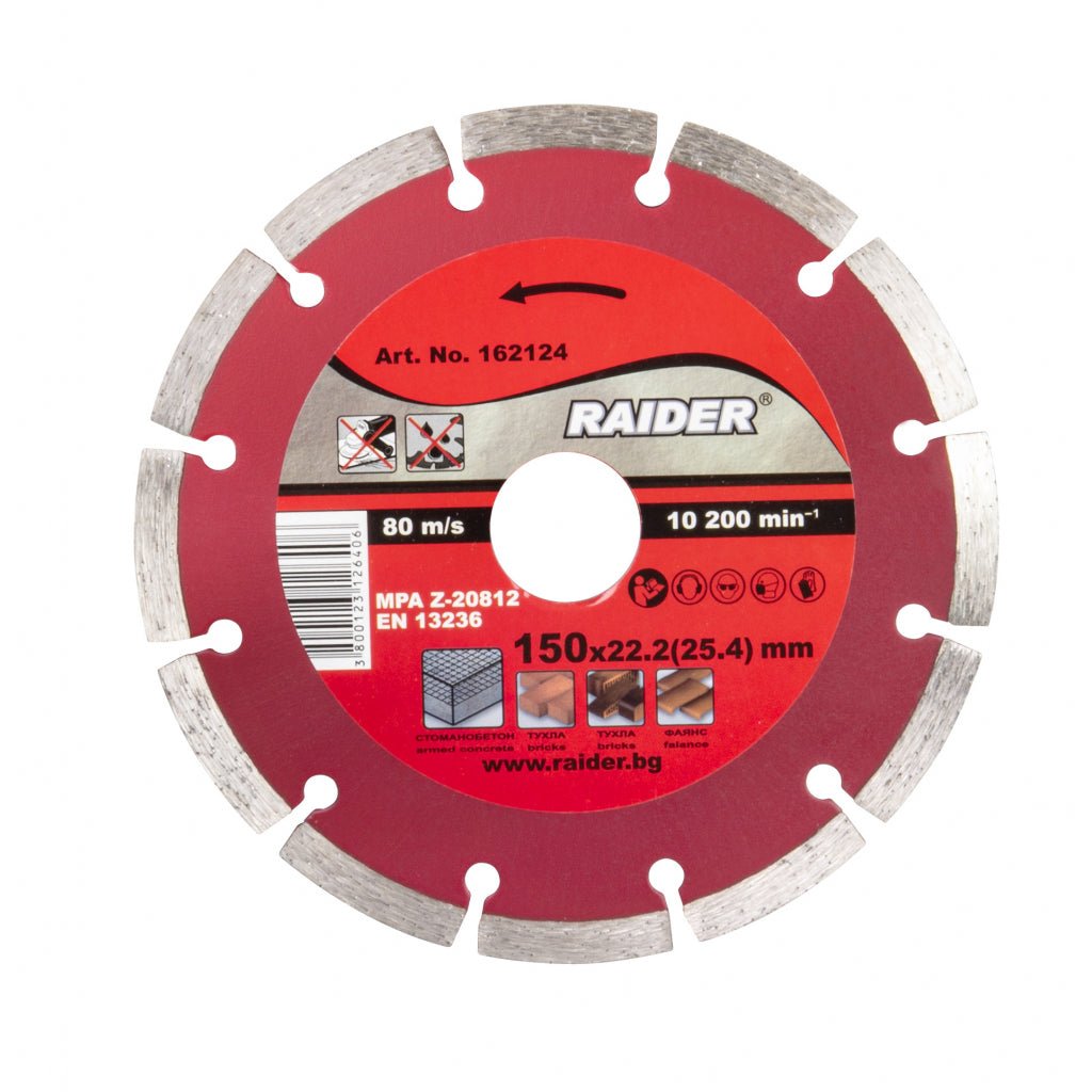 RAIDER Disc diamantat segmentat DRY 150x22.2mm RD - DD23 Conceput pentru tăierea uscată în beton, cărămizi, faianță Viteza periferică maximă: 80 m / s; RPM maxim tolerat: 10200 Raider - scule electrice si unelte profesionale - BricoMart