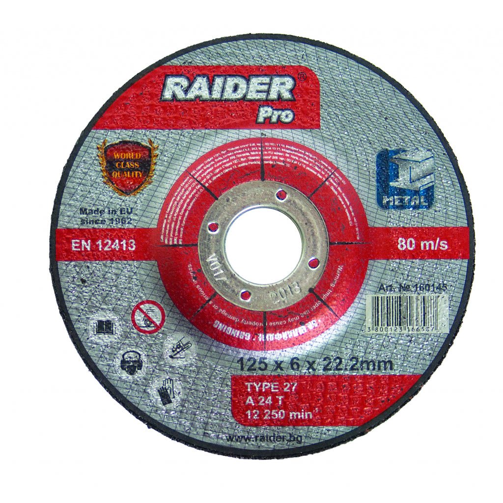 RAIDER Disc pentru slefuit metal 125х6.0х22.2mm RDP Disc pentru polizat metal Potrivit pentru taierea pietrei Viteza periferica maxima: 80 m / s Raider - scule electrice si unelte profesionale - BricoMart