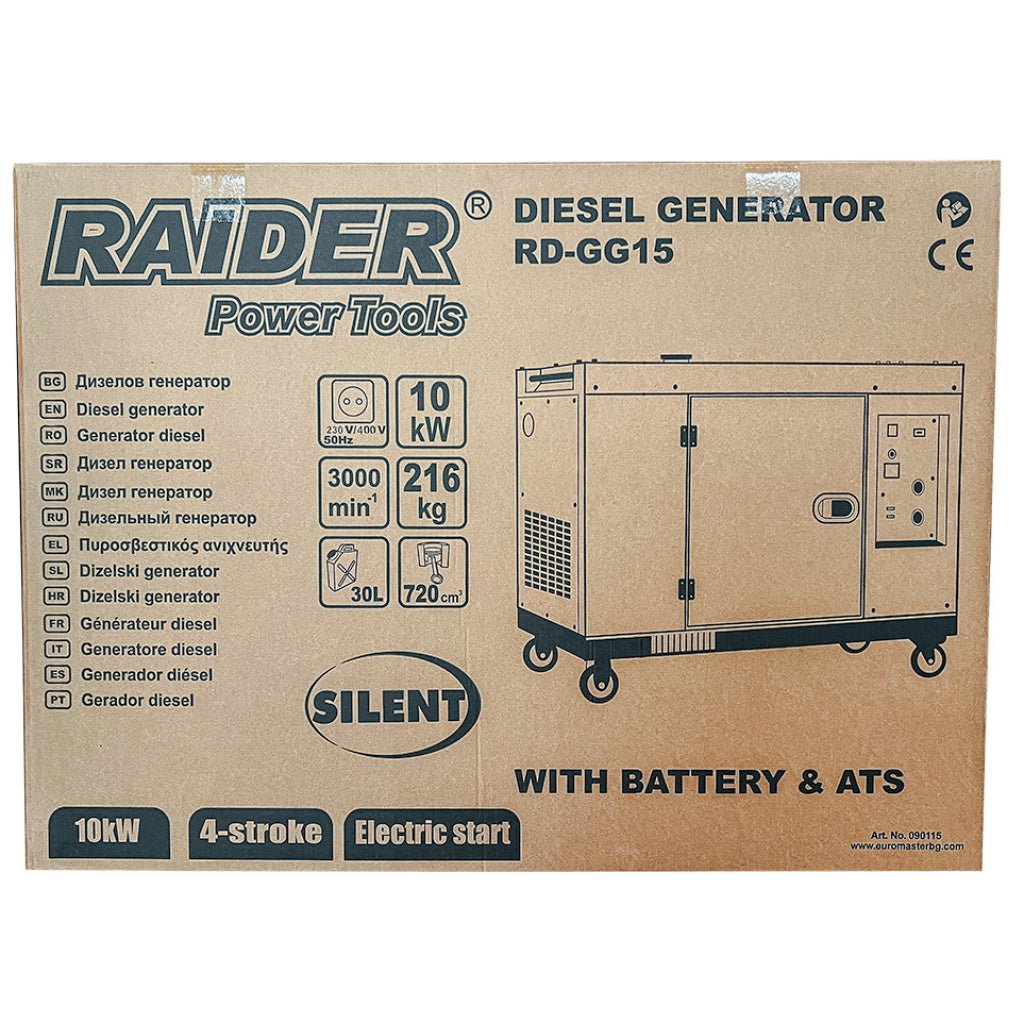 RAIDER Generator Diesel 10kW 230V&380V pornire electricaATS RD - GG15 Generatorul oferă o putere stabilă de 10 kW, fiind ideal pentru alimentarea unui număr mare de dispozitive și utilaje Su Raider - scule electrice si unelte profesionale - BricoMart