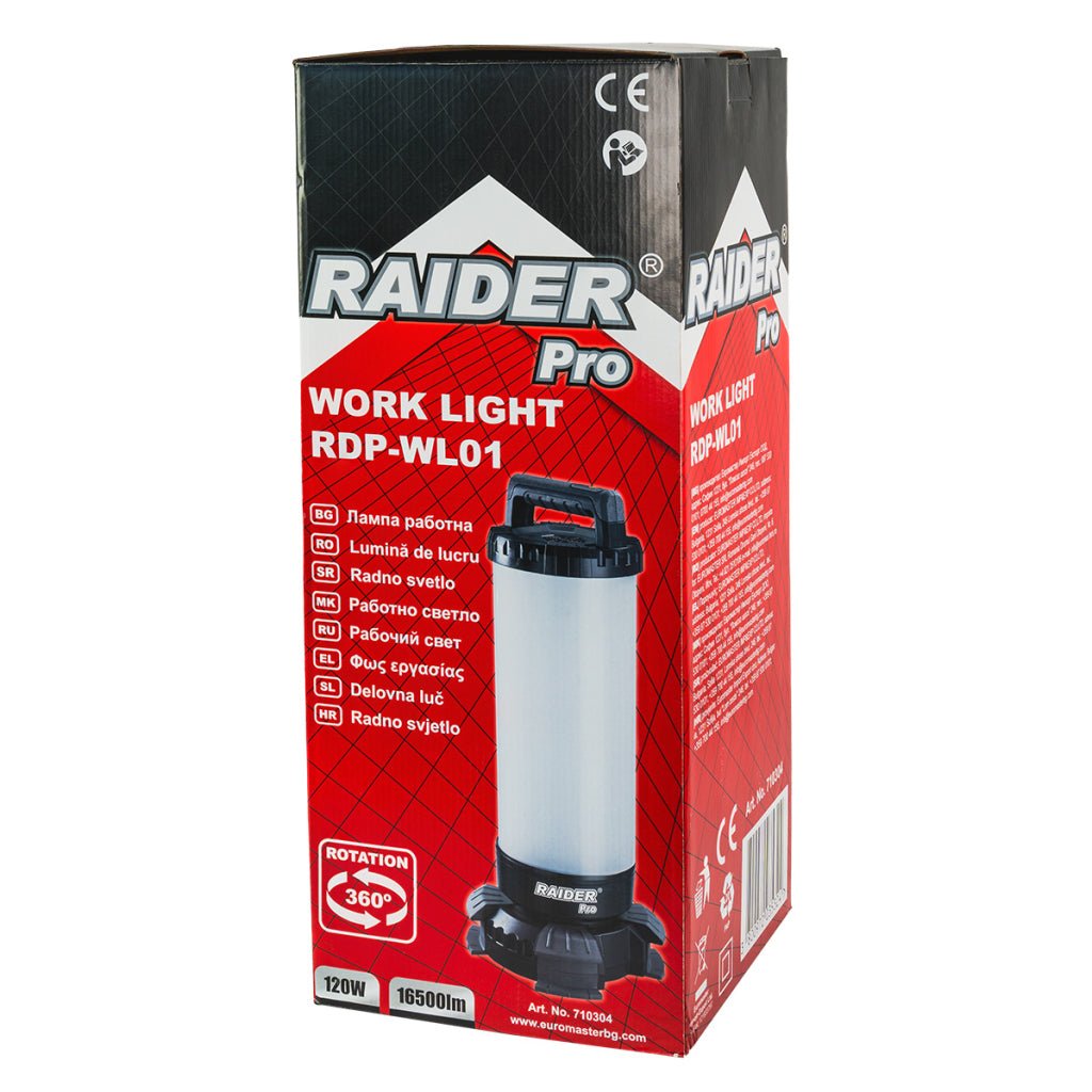 RAIDER Lampa de lucru 120W 16500lm 360° dimabila cablu 3m RDP - WL01 Flux luminos: 16.500 lumeni – oferă o iluminare extrem de puternică și uniformă, îmbunătățind vizibilitatea și siguranța Raider - scule electrice si unelte profesionale - BricoMart