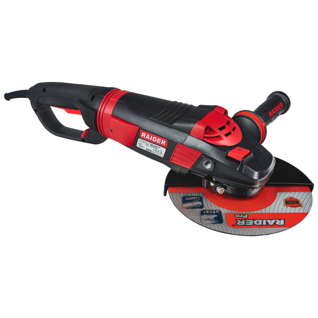 RAIDER Polizor unghiular 230 mm x 2400 W RDP - AG65 Black edition Pornire lenta electronica Blocarea discului Maner auxiliar ergonomic Viteza reglabila Corp alungit pentru control mai bu Raider - scule electrice si unelte profesionale - BricoMart
