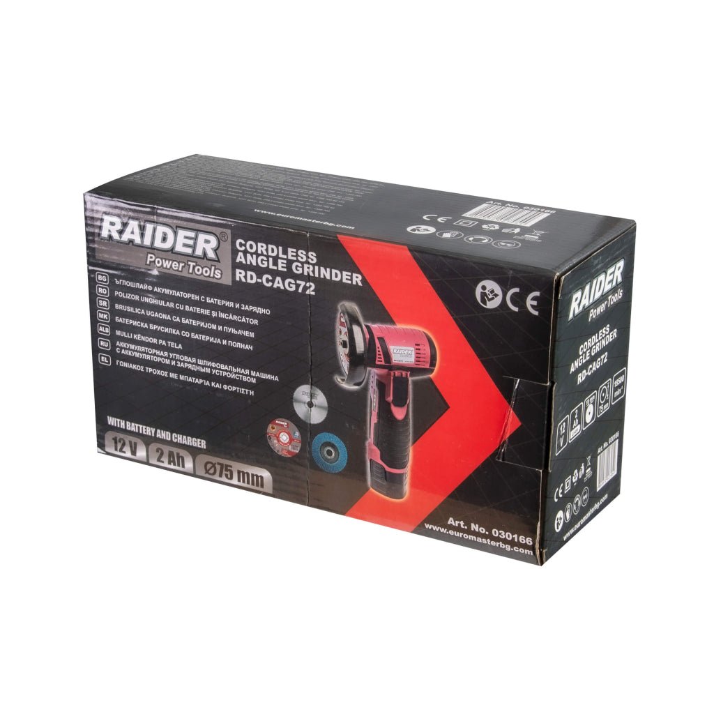 RAIDER Polizor unghiular cu acumulator12V 2Ah 75x10mm RD - CAG72 Extrem de durabil, cu un corp compact conceput pentru a face tăieturi rapide în spații înguste unde alte unelte nu pot a Raider - scule electrice si unelte profesionale - BricoMart
