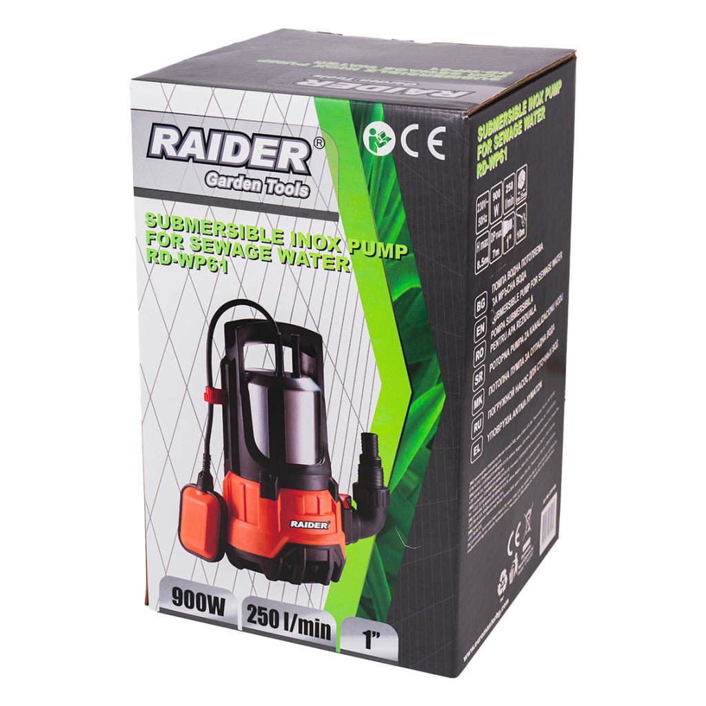 RAIDER Pompă submersibilă 900W 1" 250L/min 8,5m INOX RD - WP61 Putere de 900W pentru pomparea eficientă și rapidă a cantităților mari de apă Debit de 250 l/min (15.000 l/h): debitul m Raider - scule electrice si unelte profesionale - BricoMart