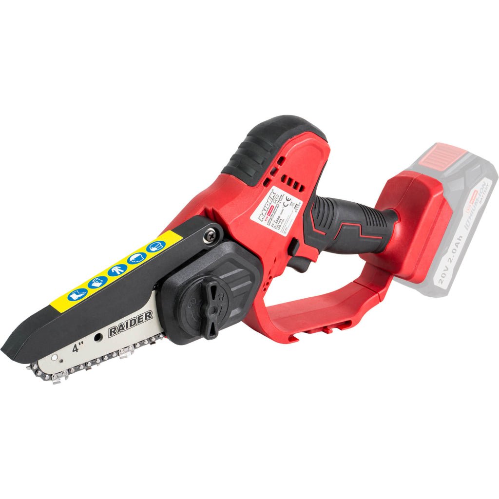 RAIDER R20 Fierastrau de gradina 100mm 1/4".043" 28 Solo RDP - GP20 Are un capac situat peste lantul de taiere, asigurand siguranta in timpul functionarii Sistem rapid și ușor de tensionar Raider - scule electrice si unelte profesionale - BricoMart