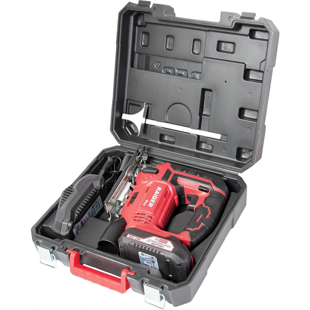 RAIDER R20 Fierastrau pendular 20V 80mm 1 x 2Ah RDP - SJS20 Set Sistem rapid de prindere a lamei Ghidaj paralel Adaptor colector praf Functie pendulare cu 4 trepte Raider - scule electrice si unelte profesionale - BricoMart