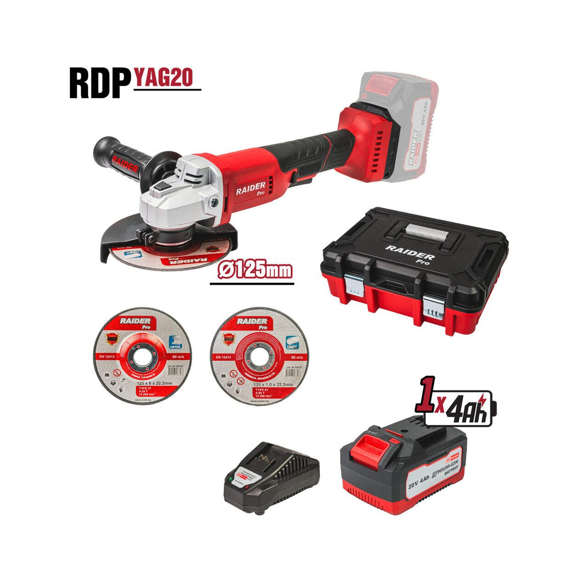 RAIDER R20 Polizor unghiular Ø125mm 4Ah 2 discuri cutie RDP - YAG20 Raider - scule electrice si unelte profesionale - BricoMart