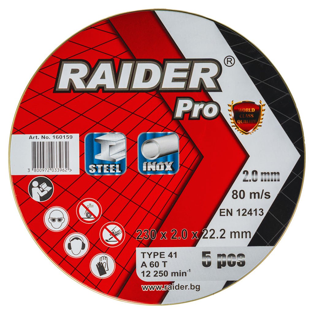 RAIDER Set 5 discuri taiat metal 230х2mm A60T Inox RDP Material: INOX - dezvoltat special pentru tăierea oțelului inoxidabil, fără riscul de coroziune și decolorare a material Raider - scule electrice si unelte profesionale - BricoMart