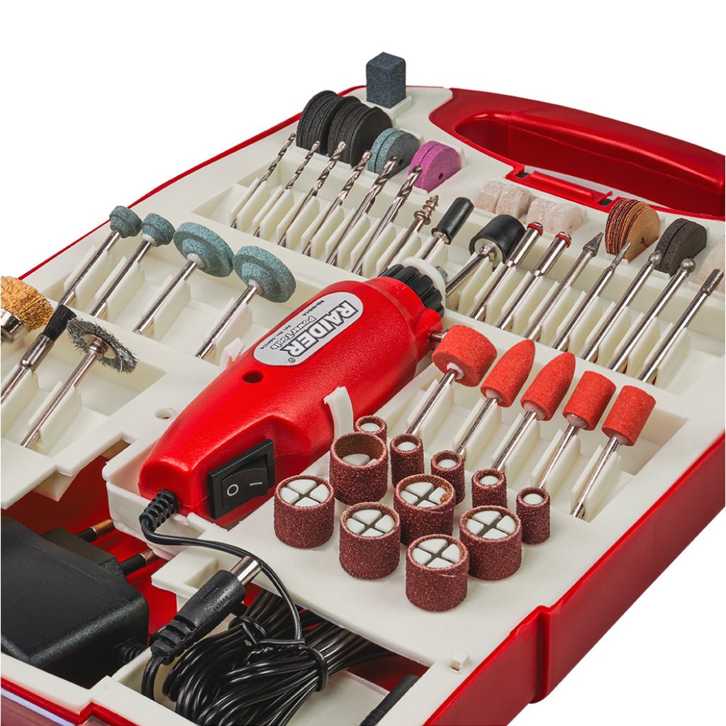 RAIDER Set Mini Grinder 230V și 12V DC 110 acces. RD - MG14 Alimentare duală (230V & 12V DC) – poate fi utilizată atât de la rețeaua electrică, cât și printr - un adaptor auto 110 ac Raider - scule electrice si unelte profesionale - BricoMart