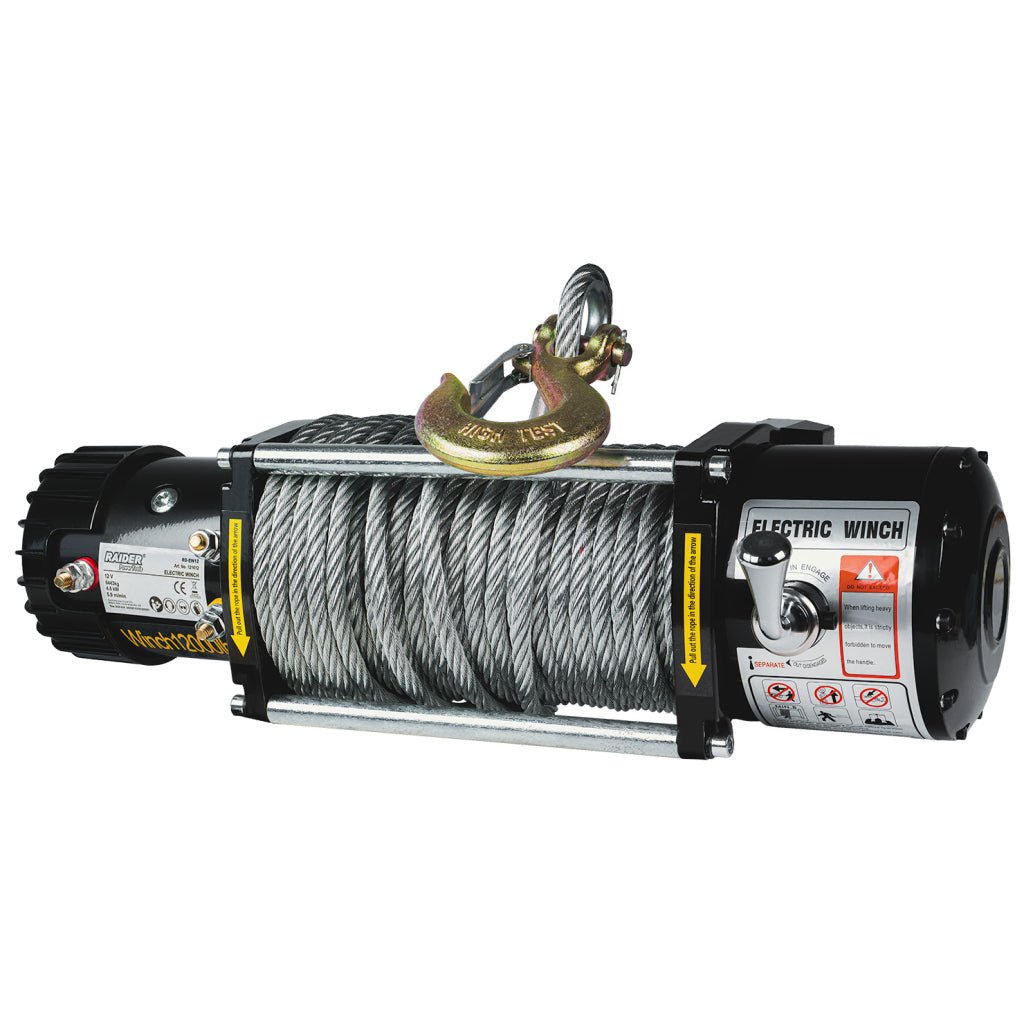 RAIDER Troliu electric 12V 5443kg 4.5 kW Ø9.5mm 29m RD - EW12 Capacitate de încărcare: 5443 kg (12000 lbs) – Winch - ul este capabil să tragă sarcini foarte grele, fiind potrivit pentr Raider - scule electrice si unelte profesionale - BricoMart