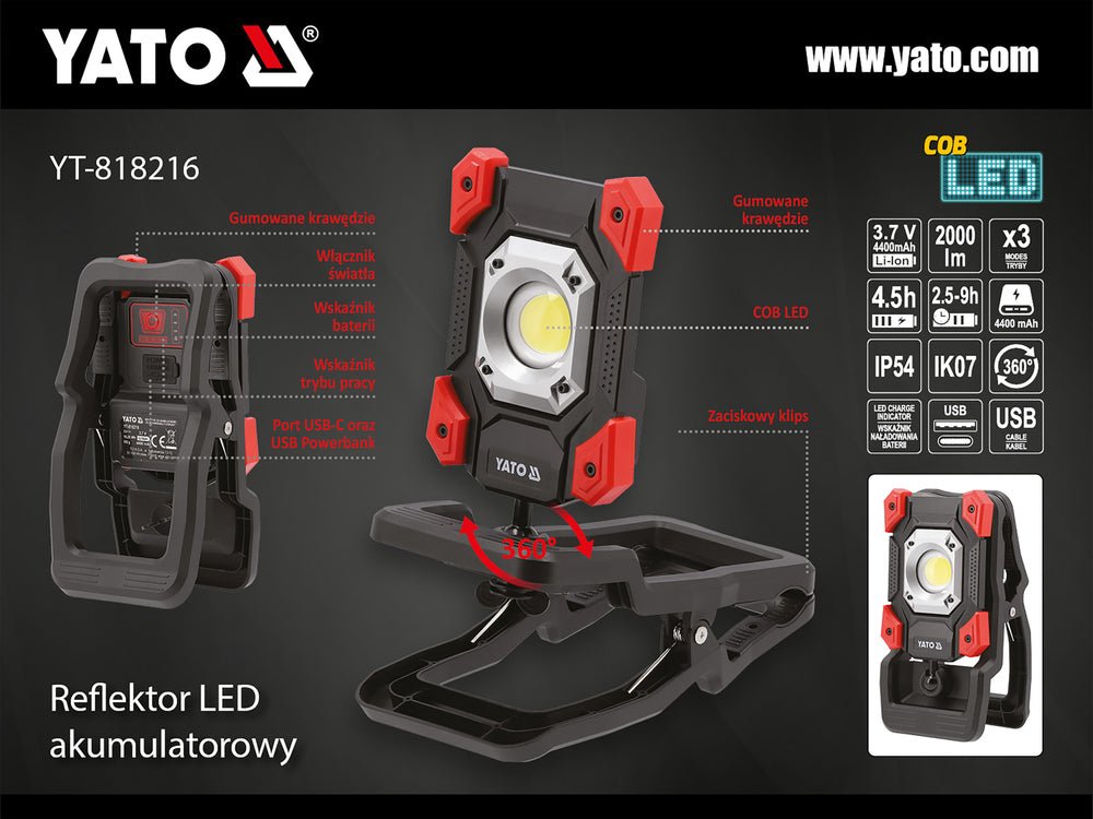 REFLECTOR PORTABIL 20W 2000LM CU CLEMA Yato YT - 818216 - 20 W, 2000 lm, 1000 lm, 500 lm Yato - scule electrice si unelte profesionale - BricoMart