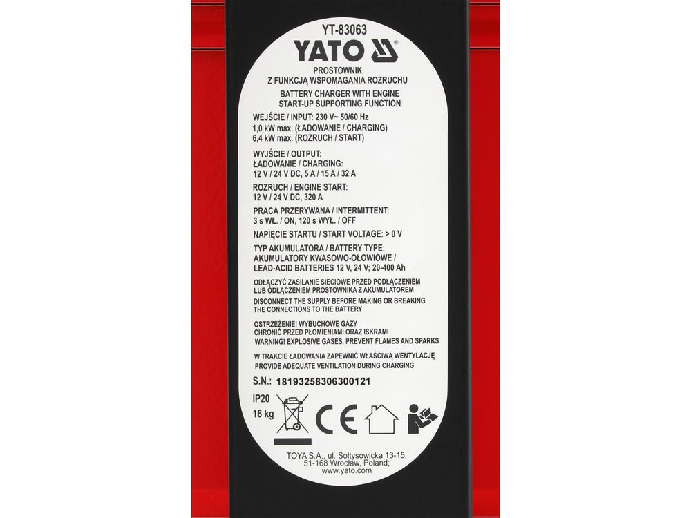 ROBOT PORNIRE AUTO YATO YT - 83063 , 12V - 24V , 20 - 400 AH , 5 A/15 A/32 A Yato - scule electrice si unelte profesionale - BricoMart